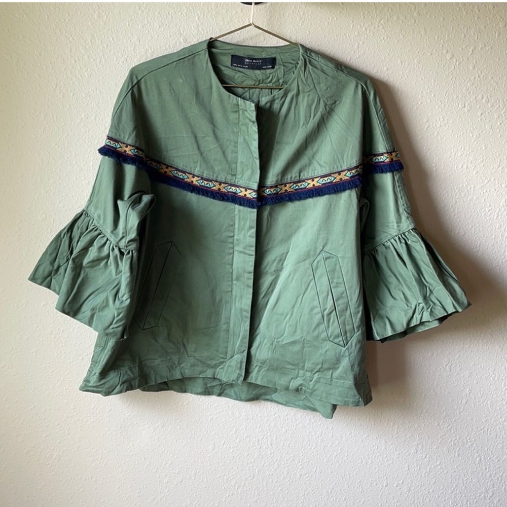 Zara Fringe Trim Bell Sleeve Oversized Green Jacket Size Small - Picture 2 of 8